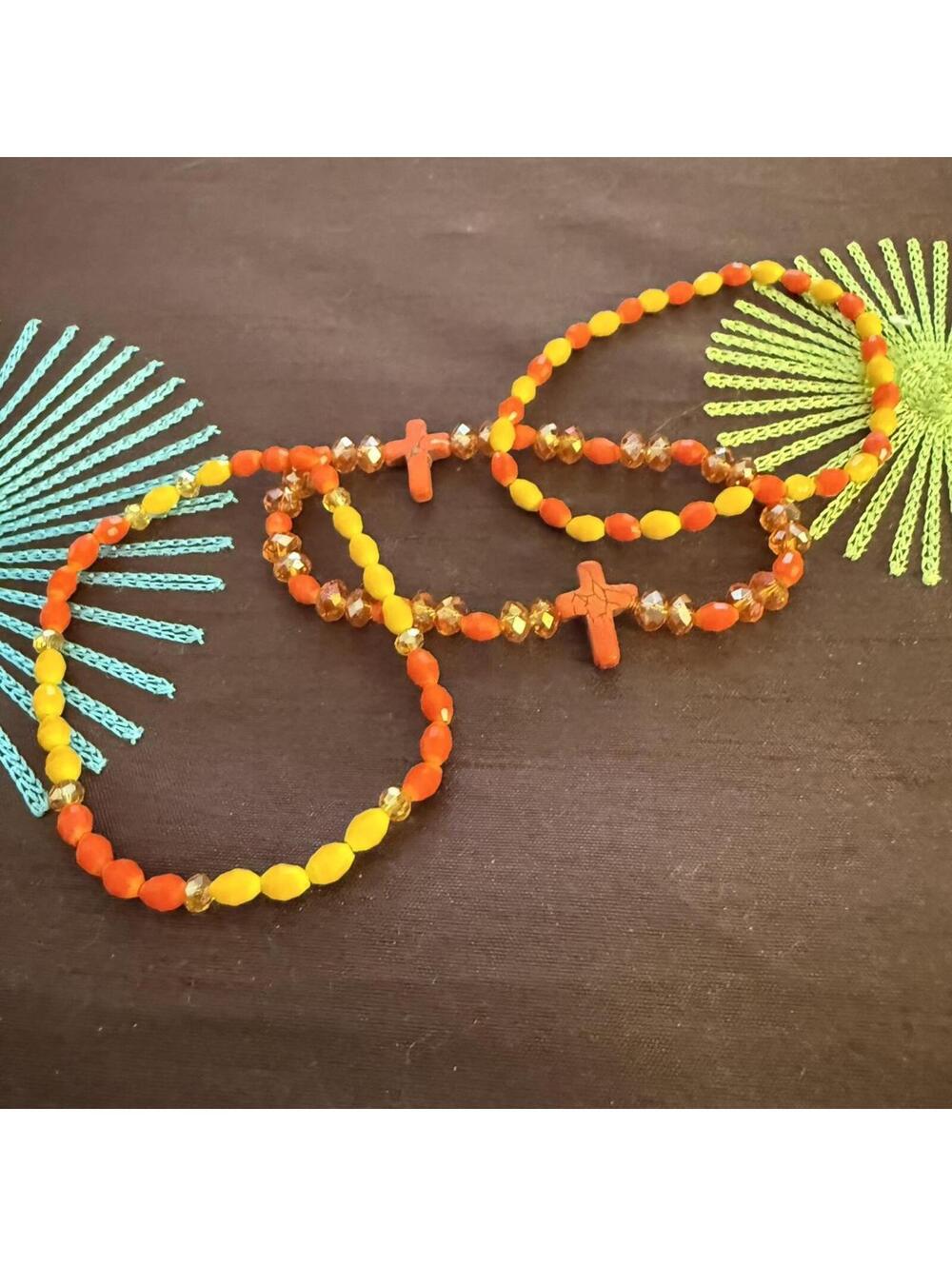 3 Vibrant Sunshine Colored Stretchy Bracelets apprx 7” Religious Theme w Crosses